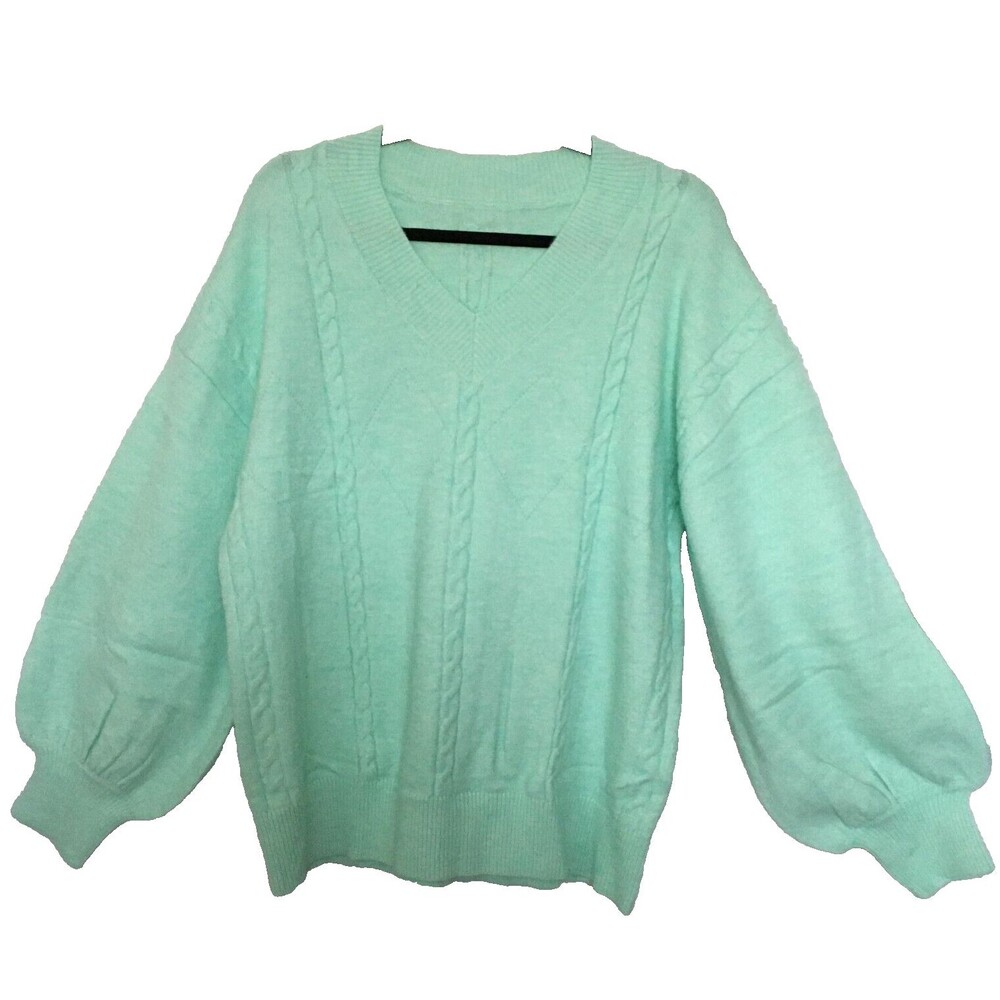 Sweater Women's Size Large Long Sleeve V Neck Mint Green Cable Diamond Stitch